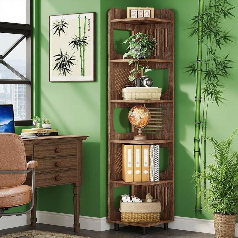 Premium 6 Tier Narrow Corner Bookshelf Full Brown Wooden Storage Shelf with Metal Legs and Anti Tipping Device