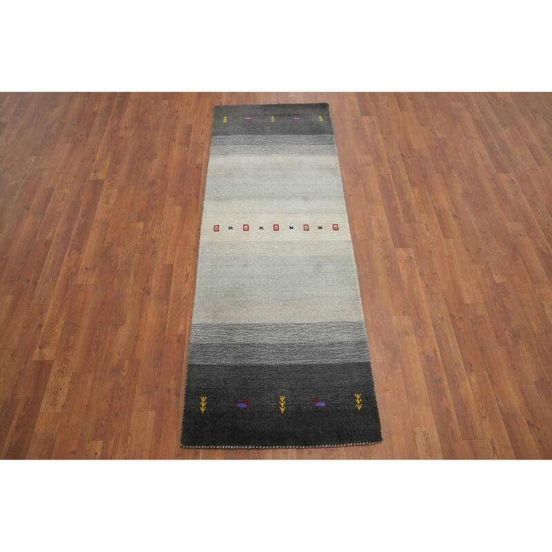 Hand Knotted Oriental 100% Wool Carpet Tribal Animal Pictorial Greys & Charcoal Gabbeh Runner Rug - 6' 5'' X 2' 4''