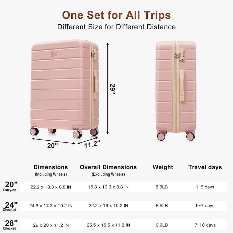 Premium ABS Travel Luggage Set, 3-Piece TSA Lock Suitcase Ensemble with 20, 24, and 28 Inch Sizes with 360°Spinner Wheels