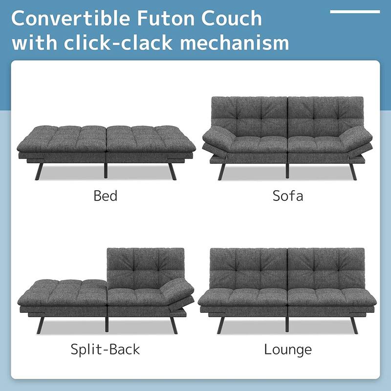 Futon Sofa Bed, Memory Foam Foldable Couch Convertible Loveseat Sleeper Daybed with Adjustable Armrests for Small Space