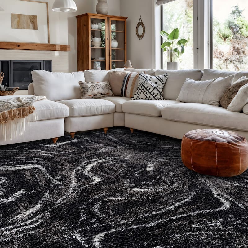 Abstract Marble Shag Rug - Anthracite Dark Gray - Plush Medium Pile, Durable with Jute Backing