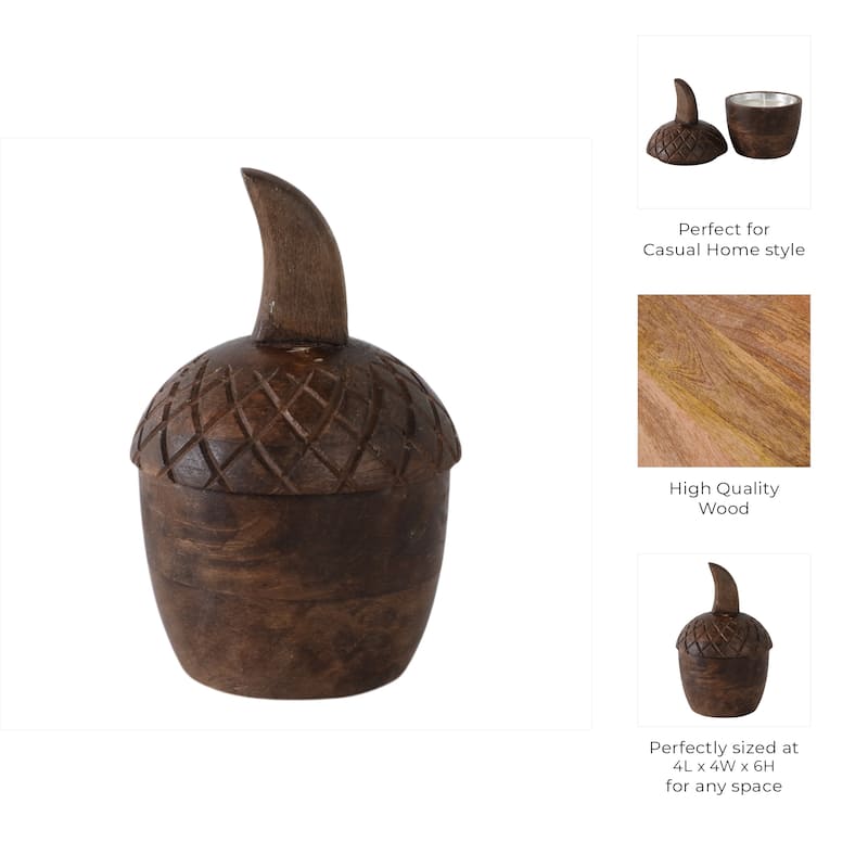 Handcrafted Wooden Acorn Soy Wax Candle Carved Wood Jar with Lid - 4" x 4" x 6"