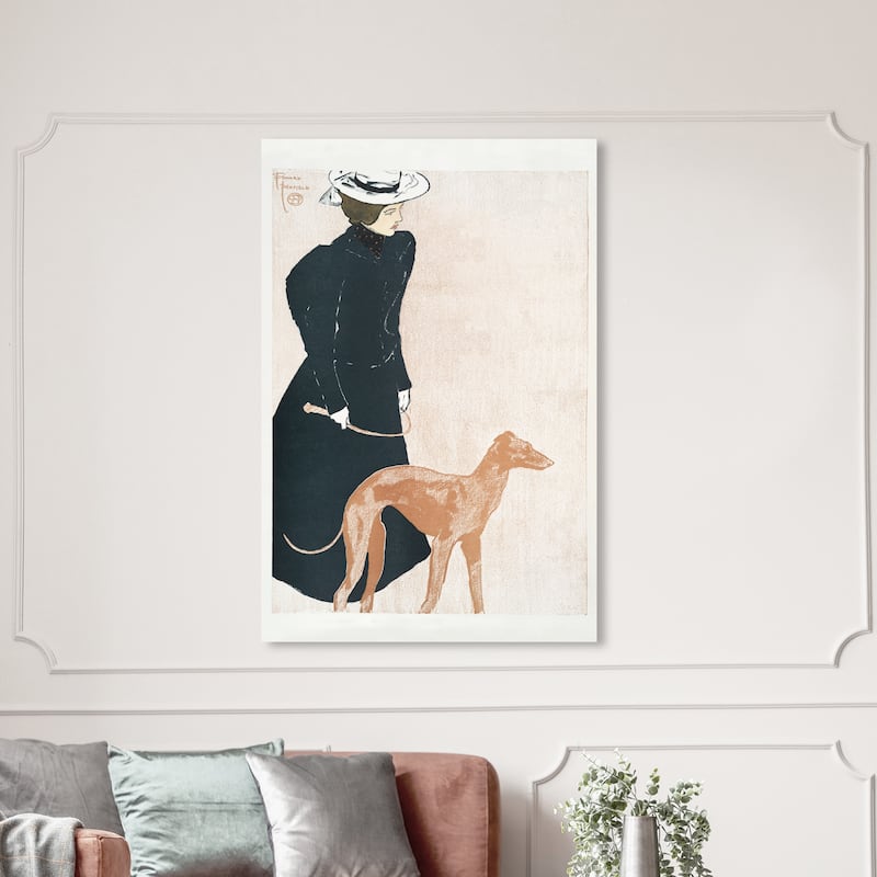 Wynwood Studio Canvas Fashion Woman with Greyhound - Edward Penfield Black and Pumpkin Modern Wall Art Canvas Print - 54 x 36