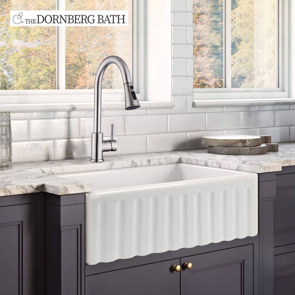 DORNBERG Fireclay 30" L X 18" W Farmhouse Kitchen Sink with Grid and Strainer