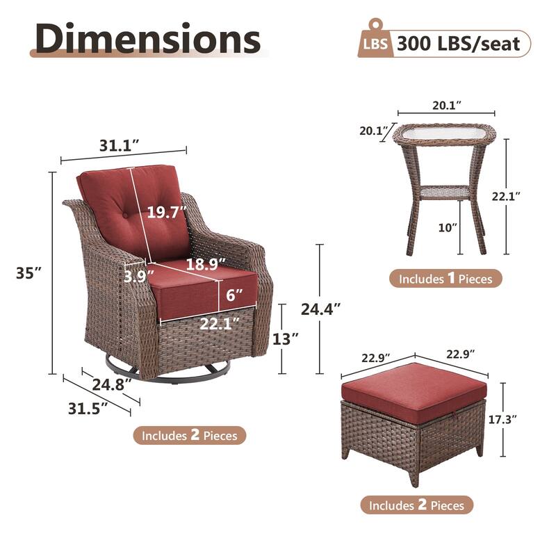 Artisan 5-Piece Wicker Patio Swivel Glider Set with 6-Inch Thick Cushions