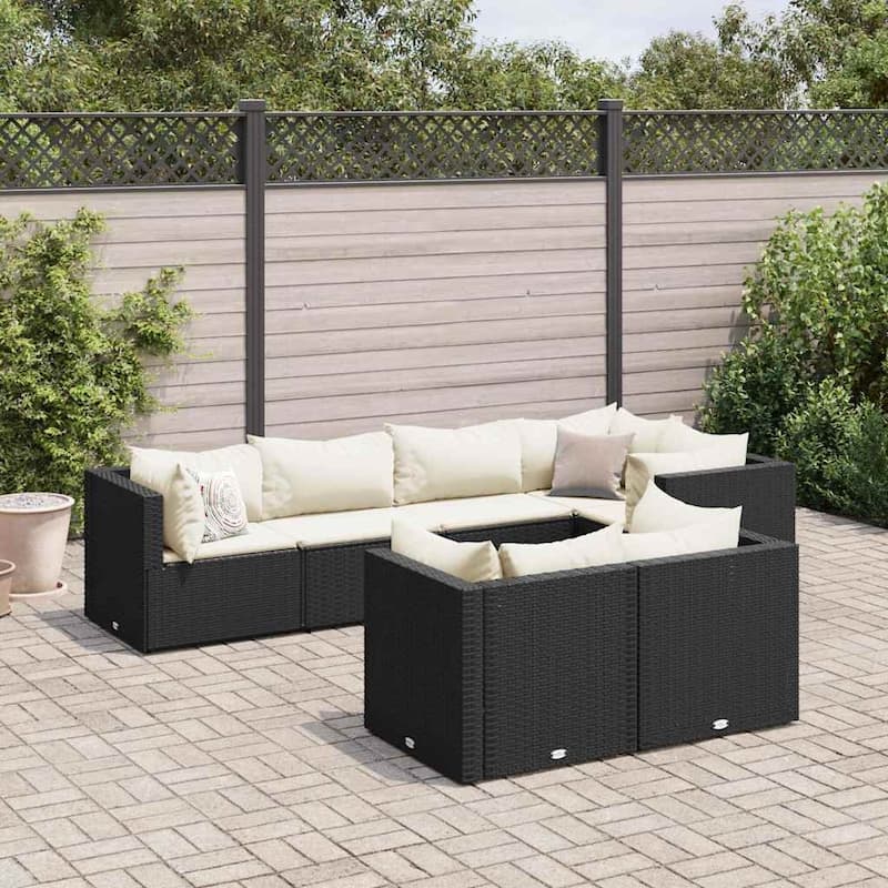 vidaXL Patio Lounge Set with Cushions Sectional Sofa Garden Backyard Poly Rattan - 24.8 x 24.8 x 22.6 - Black and cream - form1
