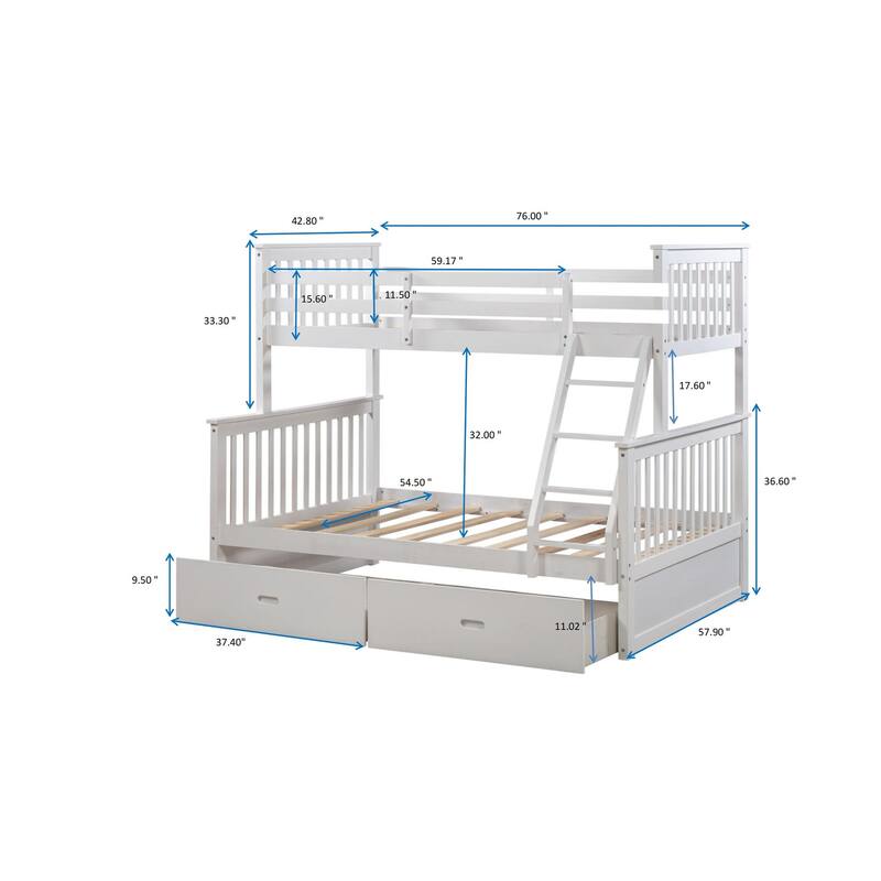 White Twin Over Full Bunk Bed with Storage Drawers, Ladder and Safety Rails