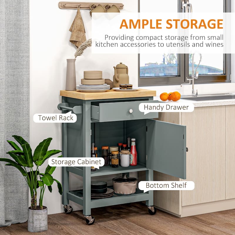 Utility Kitchen Cart on Wheels with Smooth Rubberwood Top and Drawer