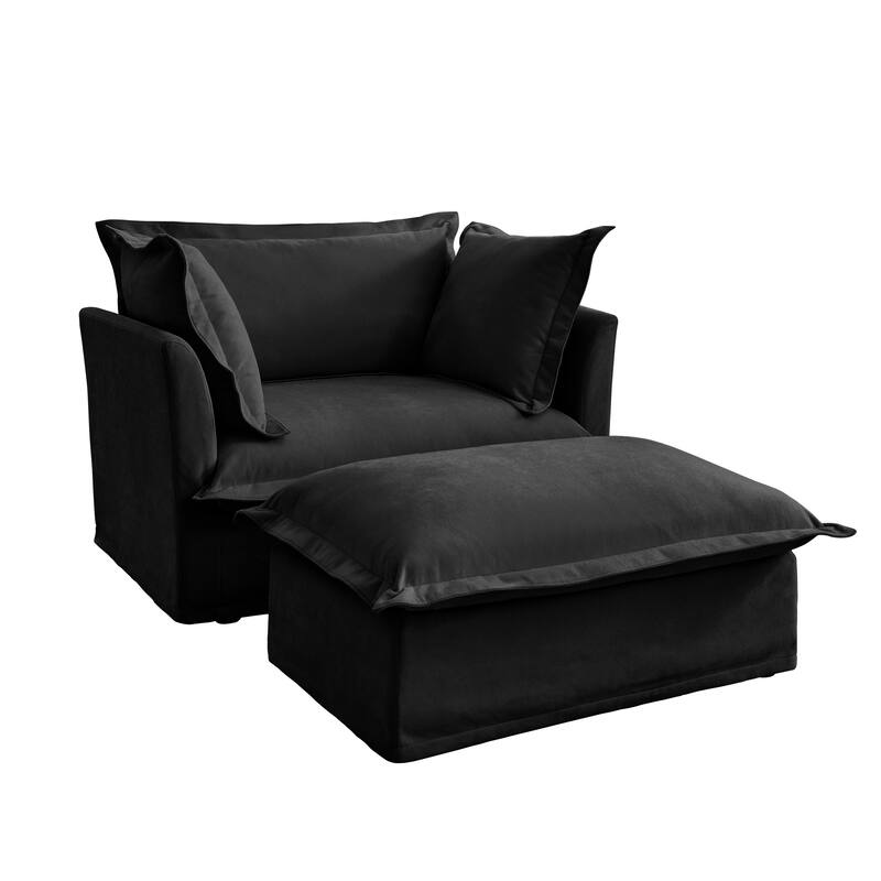 Upholstered Slipcovered Armchair with Ottoman, Deep Seat Armchair W/ Wide Ottoman for Living Room