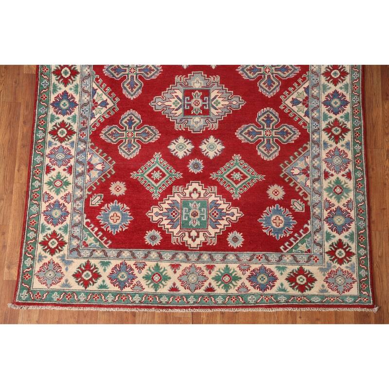 Geometric Red Kazak Area Rug Handmade Wool Carpet - 5'2" x 6'9"