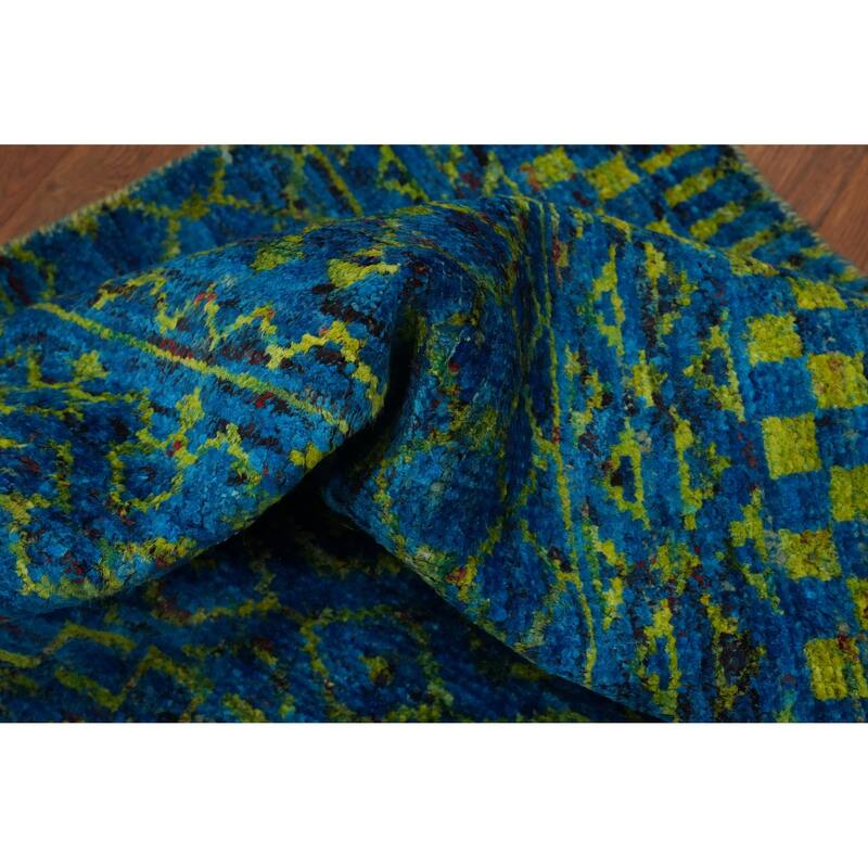 Hand-knotted Modern Wool Blue Geometric Oriental Area Rug - 7' 5'' X 5' 4''