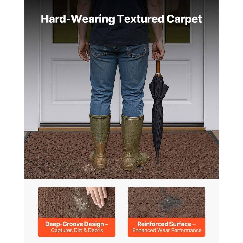 Brown Carpet Front Door Mat with Printed Pattern, Non-Slip Backing and Durable Surface - 47 x 35 x 0.28 in
