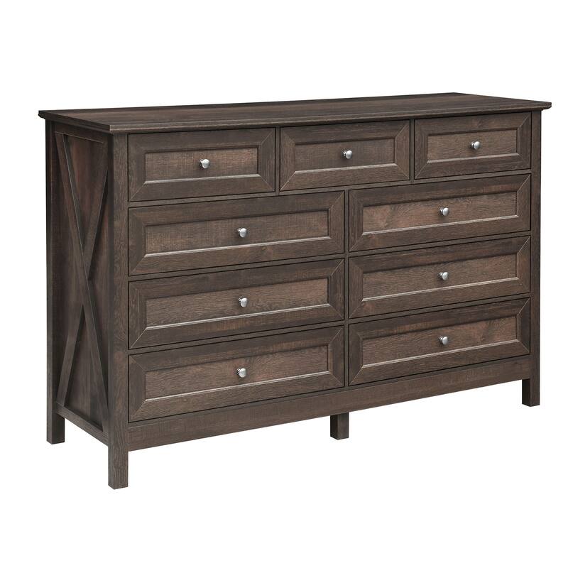 Rustic Wooden Storage Dresser with 9 Drawers, 55" Long Dressers & Chest of Drawers Beside Table for Bedroom Living Room