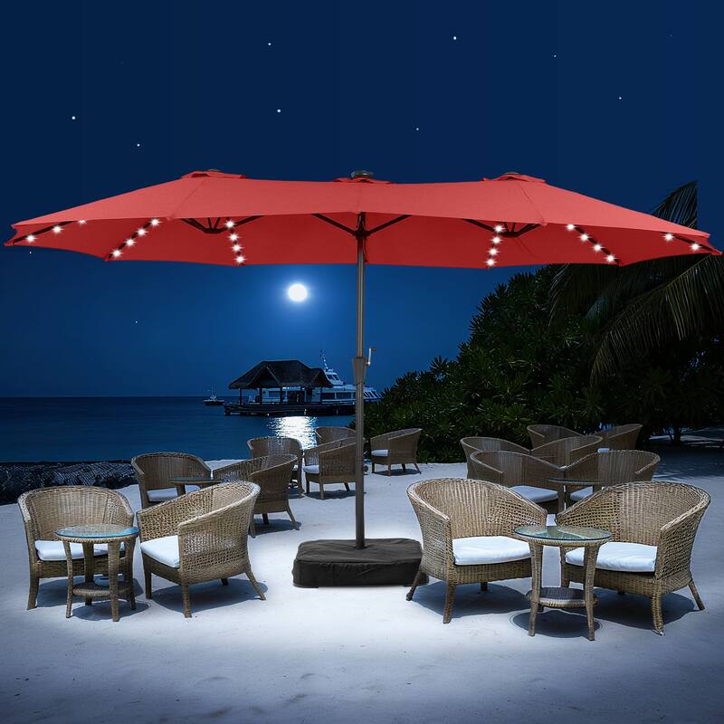 15ft Patio Umbrella Outdoor Market Umbrella with Base and LED Lights - Red