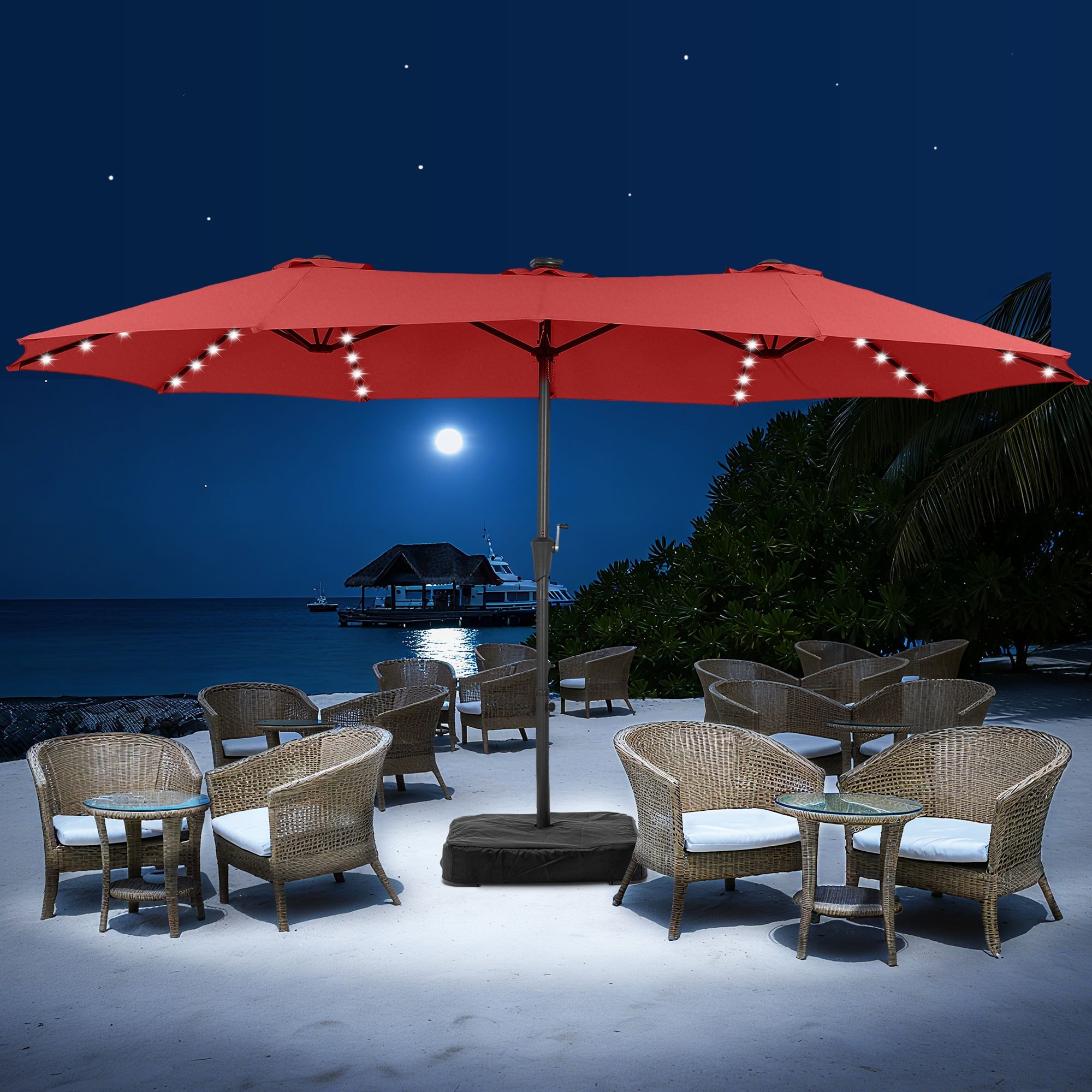 15-ft market patio umbrella with base 15 ft. Double Sided Stand 12 steel ribs provide extra support 15 ft. Double Sided Market