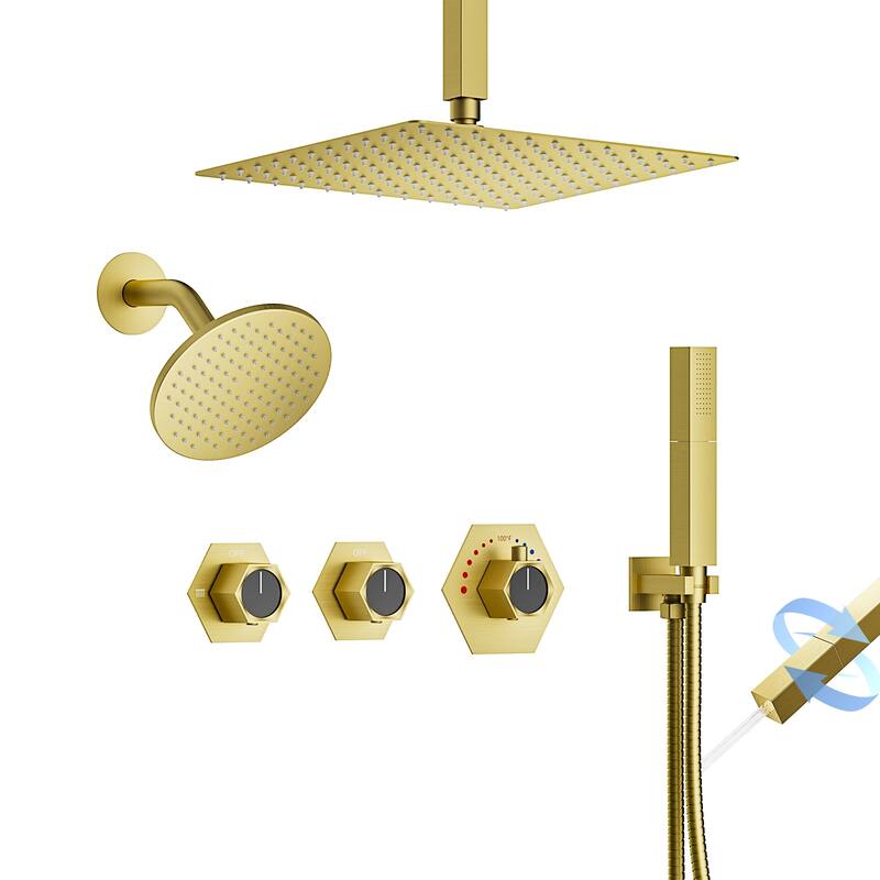 Dual Rainfall Shower System 12" & 6" Heads with Thermostatic Valve and Handheld Spray - Brushed Gold