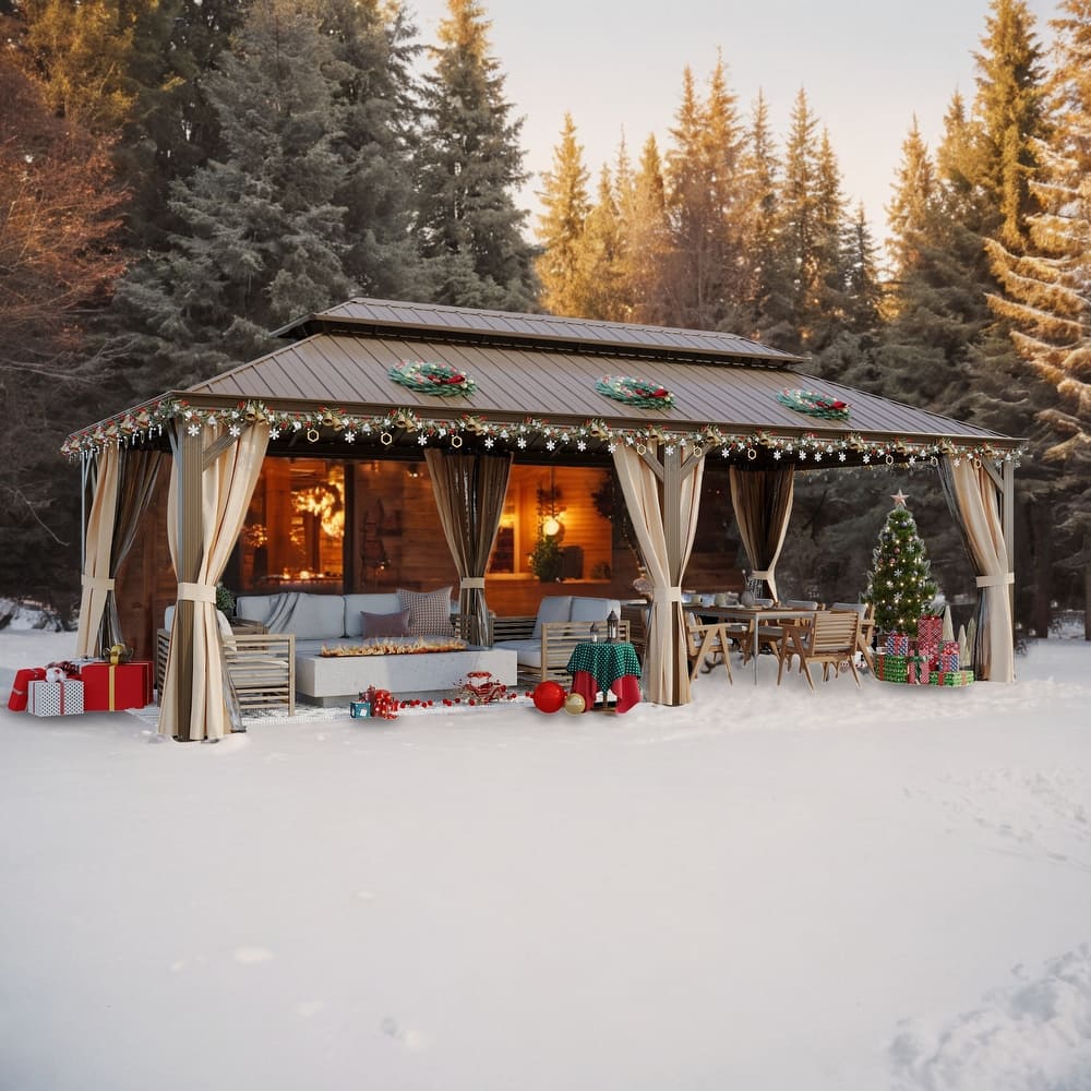 Outdoor Hardtop Gazebo, Wooden Finish Coated Aluminum Frame w Galvanized Steel Double Roof with Premium Curtains and Netting