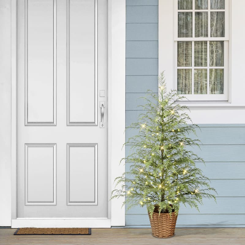 Puleo International 4 ft. Pre-Lit Potted Mountain Cedar Artificial Christmas Tree