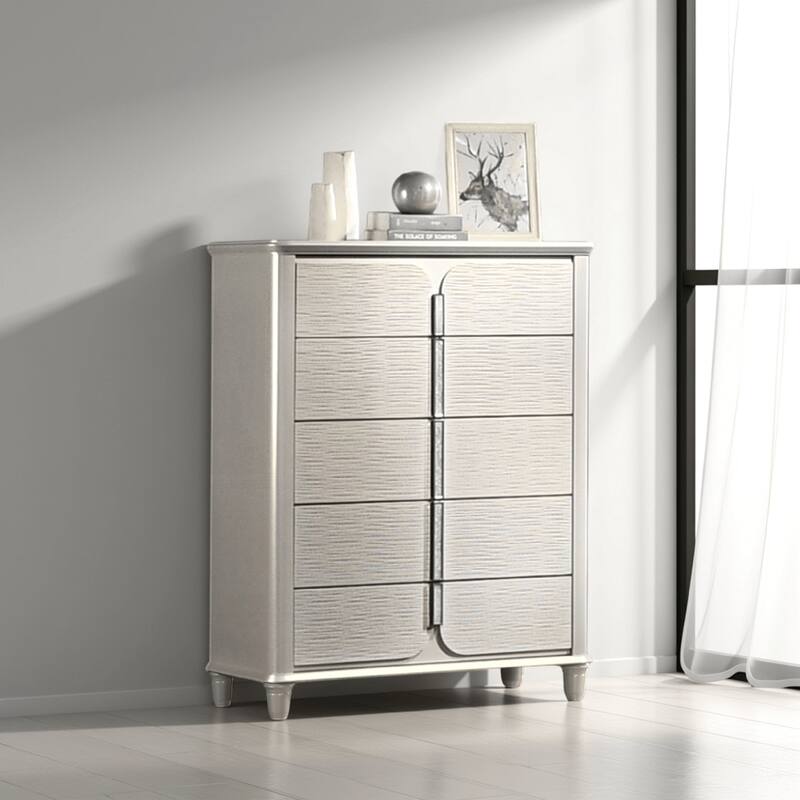 Veda Tall Dresser Chest, Elegant Pearl White Wood, 5 Modern Drawers