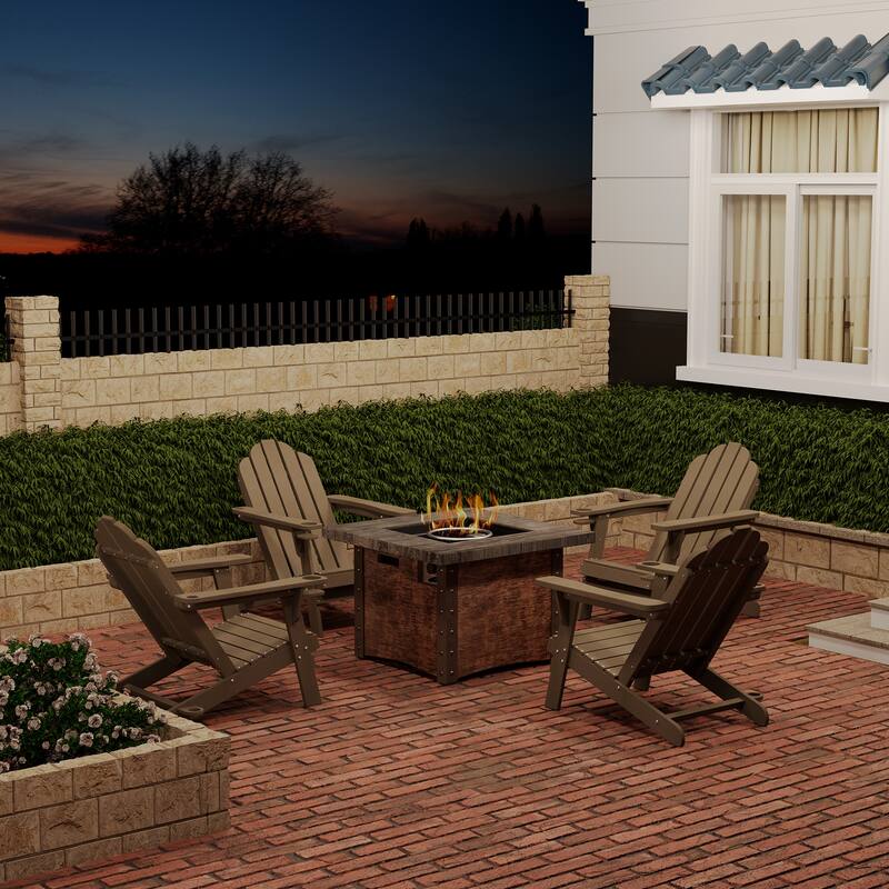 34.5 in. 5-Piece Metal Patio Fire Pit Set, Fire Pit Table and Adirondack Chairs with Cup Holder and Umbrella Holder