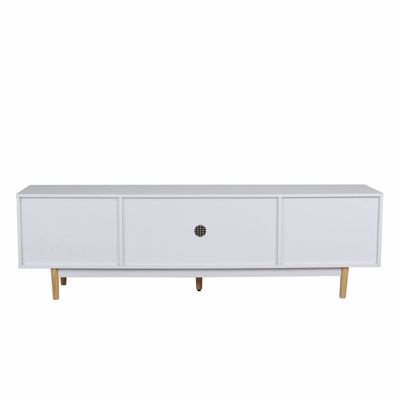 Modern White TV Stand Entertainment Center for TVs up to 80 Inch, Classical Rattan Media Cabinet TV Console Table with Drawers