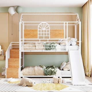Twin Over Twin Metal Bunk Bed, Metal Housebed with Slide and Storage Stair