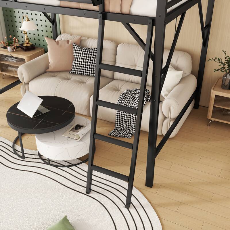 Metal Loft Bed Frame with Storage Shelves for Upper, Loft Bed with Ladder, High Loft Bed for Kids Teens