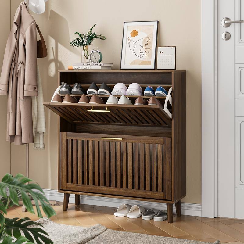 31.5"W Walnut Grille Striped Shoe Cabinet, 18 Pair Shoe Storage Cabinet W/2 Flip-Top Drawer - N/A