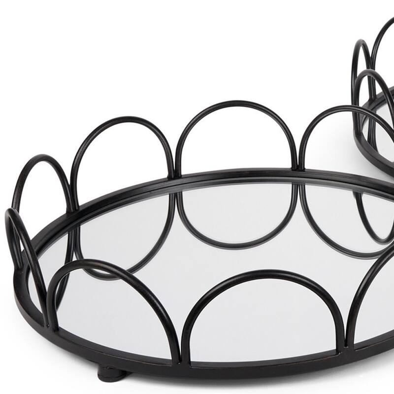 HomeRoots Set of Two Black And Silver Metal And Mirrored Glass Round Vanity Trays - 18.90 in. x 4.33 in. x 18.90 in.