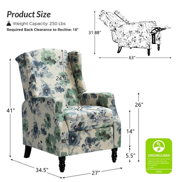 dimension image slide 0 of 9, Damaris Mid-Century Modern Manual Pushback Recliner with Wingback Design by HULALA HOME