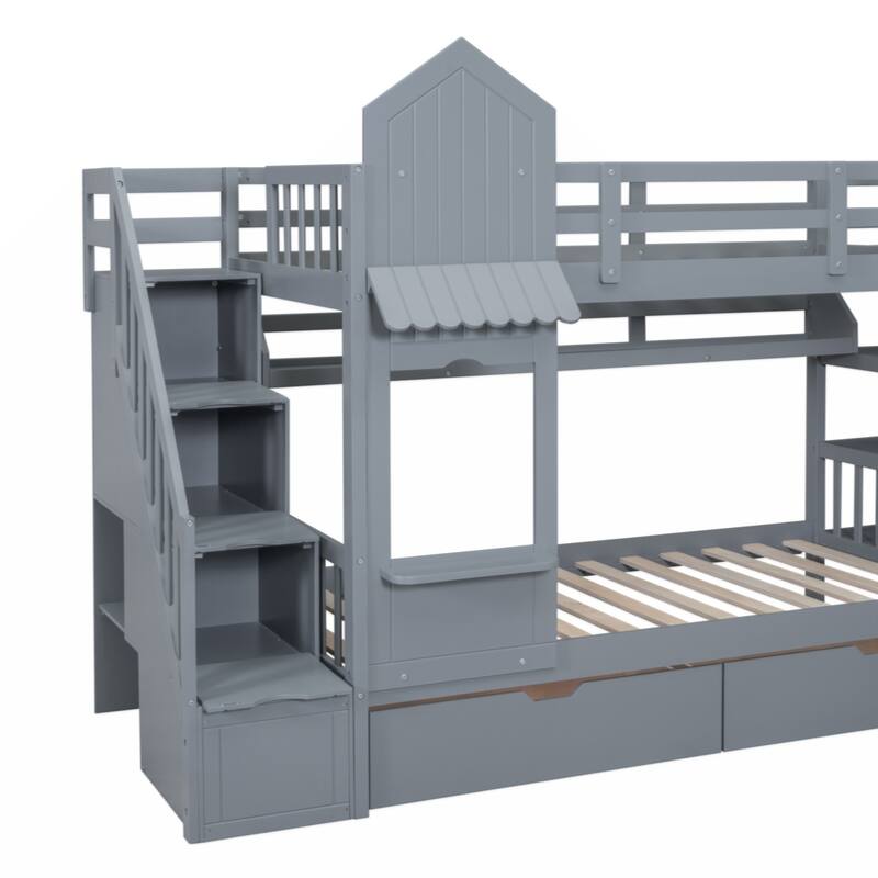 Twin-Over-Twin Castle Style Bunk Bed with 2 Drawers 3 Shelves and Slide