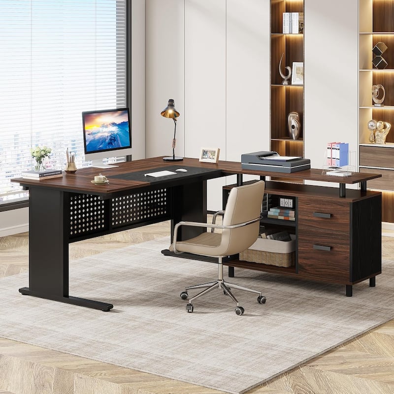 63'' Executive Desk, L Shaped Large Office Desk with File Cabinet