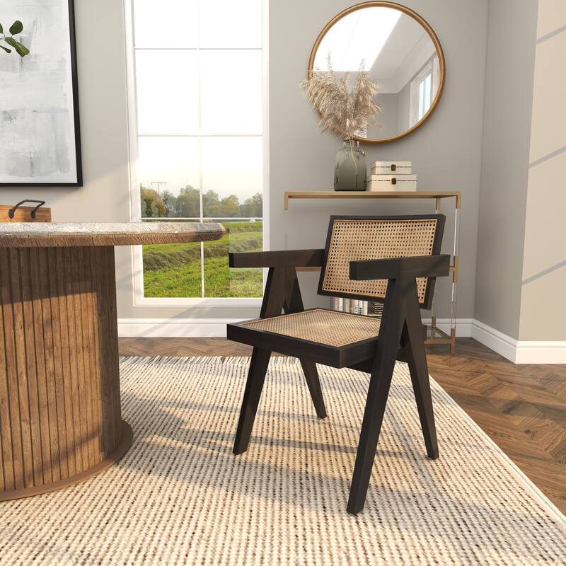 Teak Wood Living Room Accent Chair with Leather or Woven Cane Seat