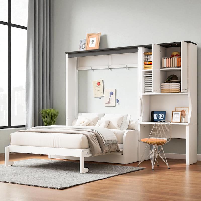 Full/Queen Murphy Bed with Sofa, Desk, and Storage Cabinet - Space-Saving Foldable Wall Bed Design