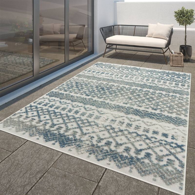 In- & Outdoor Rug Marrakesh Trellis Pattern with High/Low Effect - turquoise - 2' x 3'3"