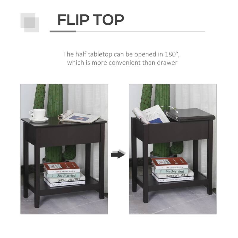Narrow Side Table with Flip Top with Bottom Shelf, Dark Coffee