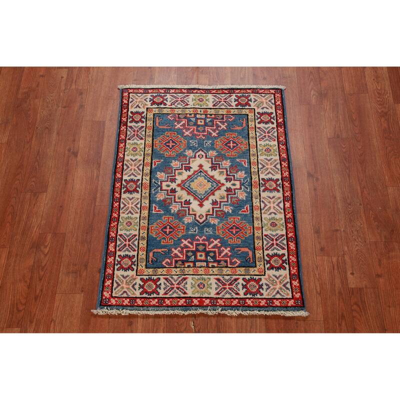 Geometric Kazak Oriental Foyer Rug Hand-Knotted Blue Wool Carpet - 2'0"x 3'0"