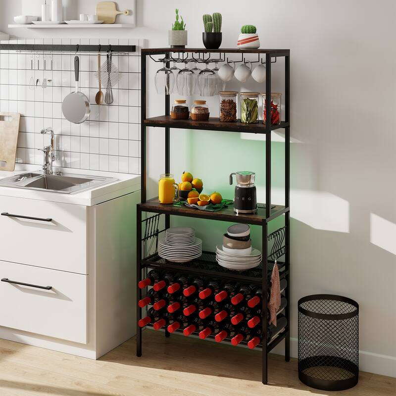 Gymax 3-Tier Wine Rack Coffee Bar Station w/Power Outlets Hooks Glass