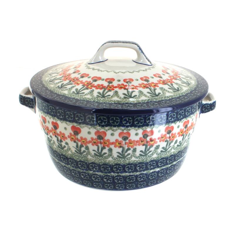 Blue Rose Polish Pottery 278 Ceramika Artystyczna Covered Round Baker - Peach Posy