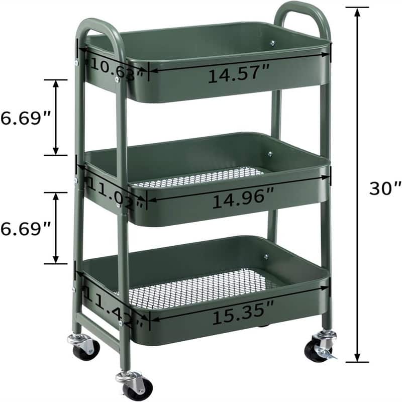 3 Tier Metal Utility Cart - 11.42"D x 15.35"W x 30"H