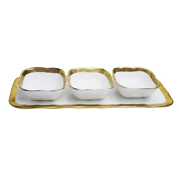 Alice Pazkus 14.5"L Gold White Porcelain 3 Bowl Relish Dish