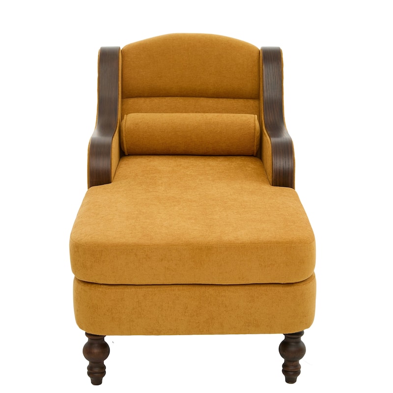 Ergonomic Chaise Lounge Indoor Chenille Single Lazy Sleeper Sofa Bed with Side Pockets, Solid Wood Armrests and Foots