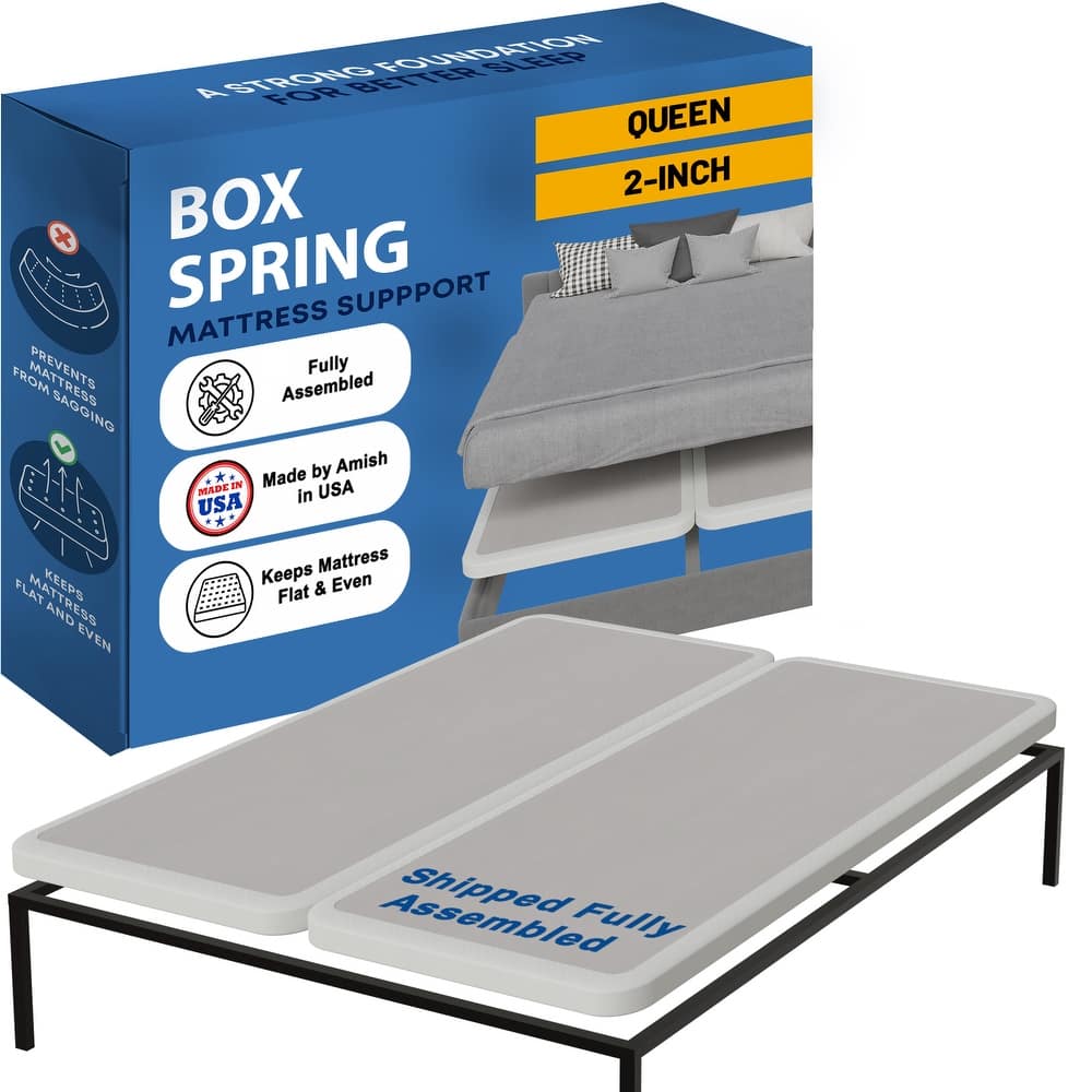 Box Spring Bed Base, 2" Wood Foundation, Quiet Noise Free, 2-Pieces Under Mattress-Support Box Spring, Fully Assembled, White