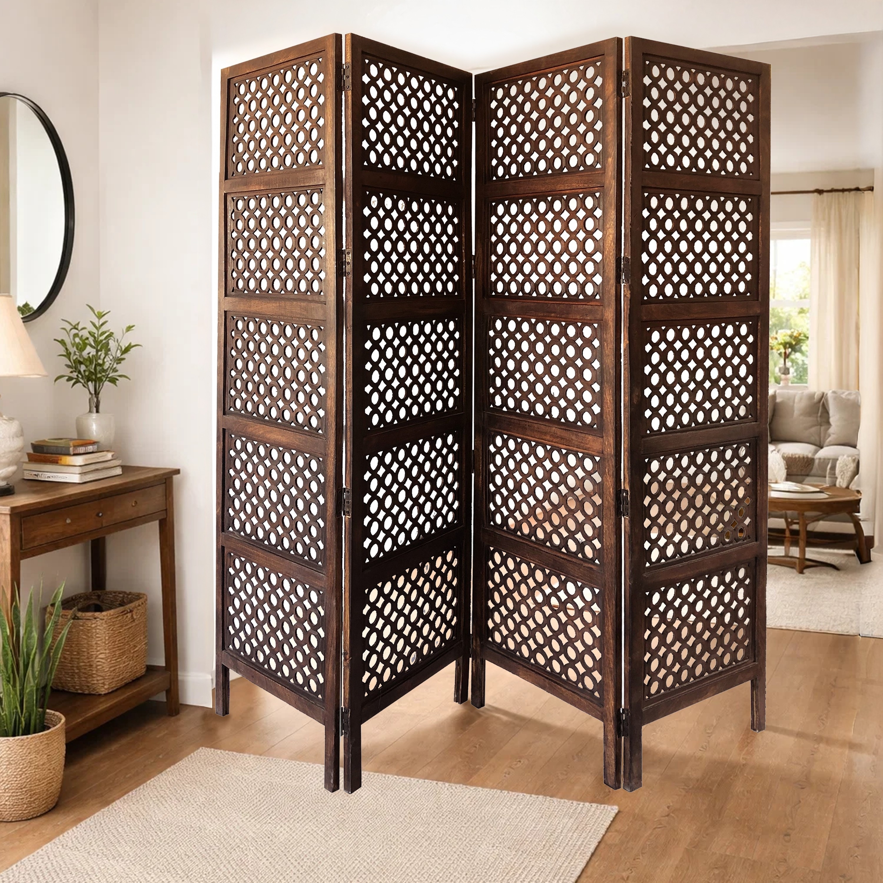 Decorative Four Panel Mango Wood Hinged Room Divider with Circular Cutout Design, Brown