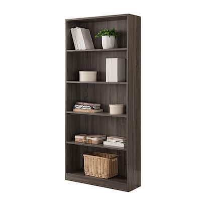 Five Shelf Wooden Bookcase Display Cabinet with Bottom Front Molding Distressed Grey