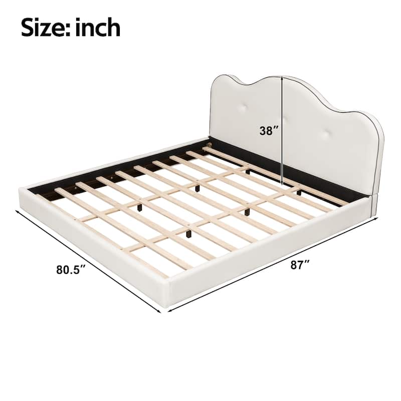 Modern Beige Upholstered Platform Bed with Curved Padded Headboard and Wood Slat Support, No Box Spring Needed