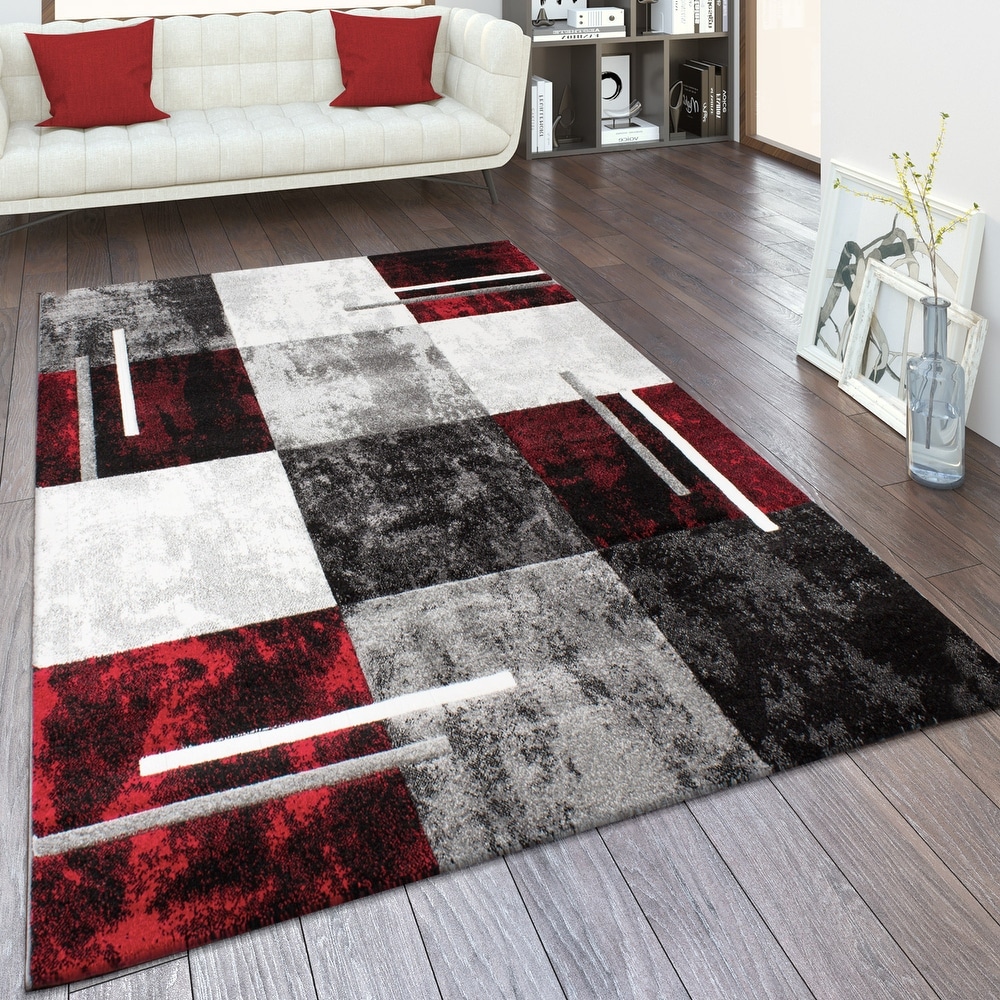 Paco Home Red Black White Area Rug with Contour Cut and Modern Wave Pattern, Size: 6'7 x 9'6