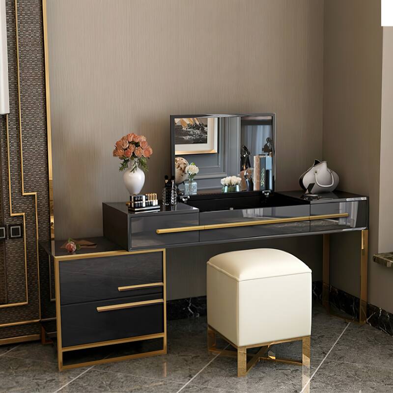 Modern Dresser with Storage and Flip Mirror 4 Drawer Writing Desk - Black