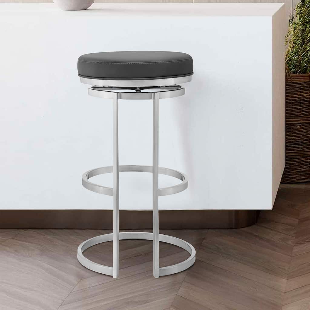 30" Backless Swivel Bar Stool, Faux Leather Upholstered Kitchen Stool with Brushed Stainless Steel Frame
