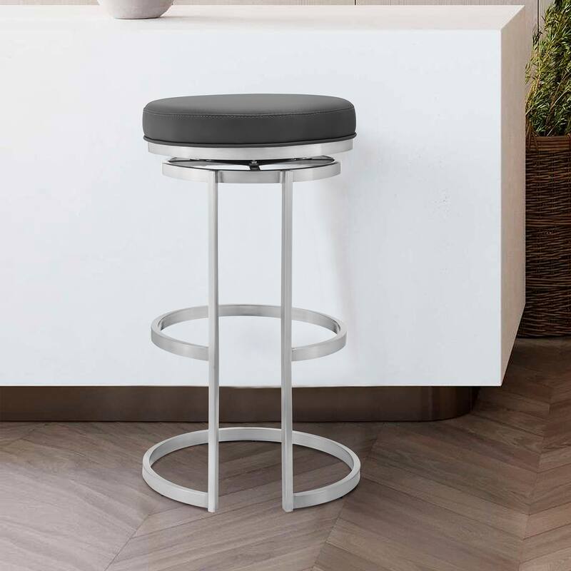 Vander 26" Gray Faux Leather and Brushed Stainless Steel Swivel Bar Stool - Counter Height - 23-28 in. - Grey and Stainless Steel - Counter Height
